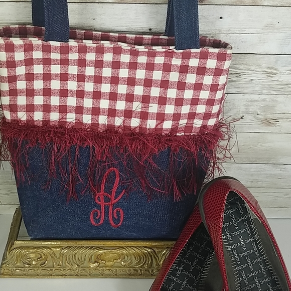 Fashion Tote, Red/white Gingham and blue Denim "Alabama" tote Bag. - Picture 3 of 3